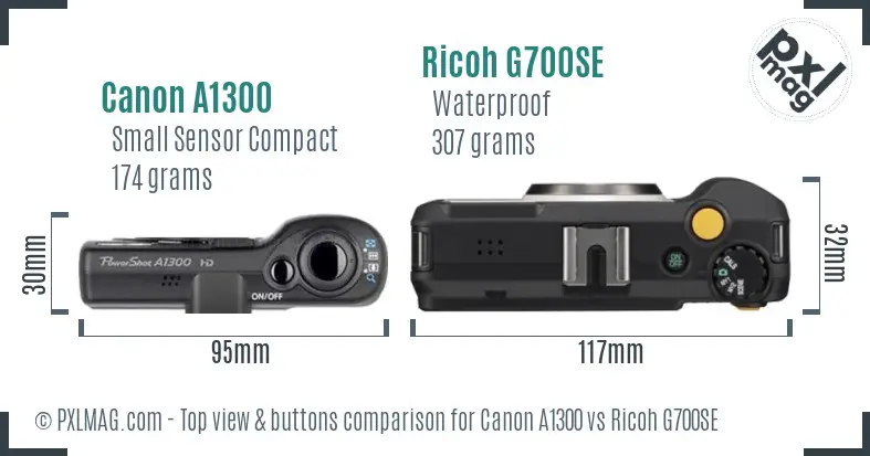 Canon A1300 vs Ricoh G700SE top view buttons comparison