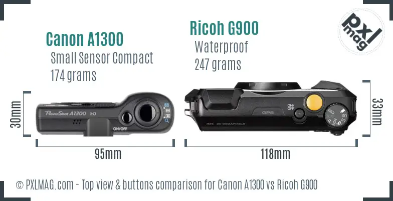 Canon A1300 vs Ricoh G900 top view buttons comparison