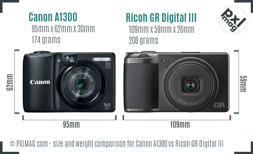 Canon A1300 vs Ricoh GR Digital III size comparison