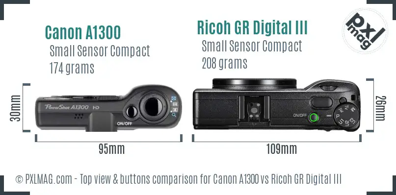 Canon A1300 vs Ricoh GR Digital III top view buttons comparison
