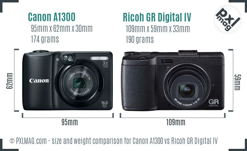 Canon A1300 vs Ricoh GR Digital IV size comparison