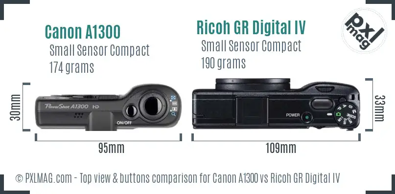 Canon A1300 vs Ricoh GR Digital IV top view buttons comparison