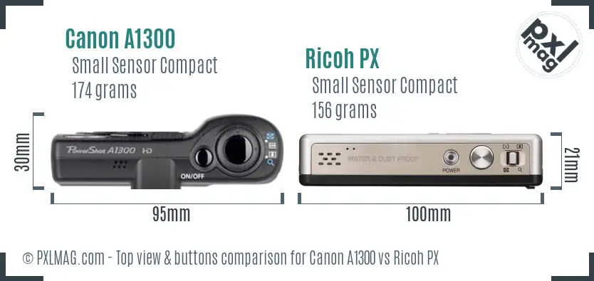 Canon A1300 vs Ricoh PX top view buttons comparison