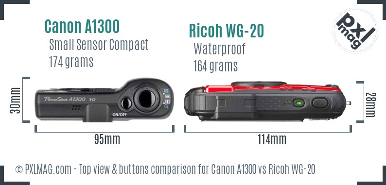 Canon A1300 vs Ricoh WG-20 top view buttons comparison