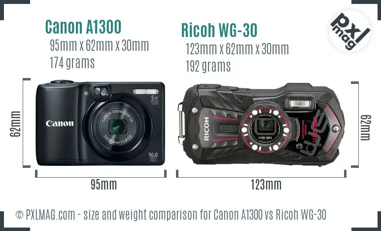 Canon A1300 vs Ricoh WG-30 size comparison