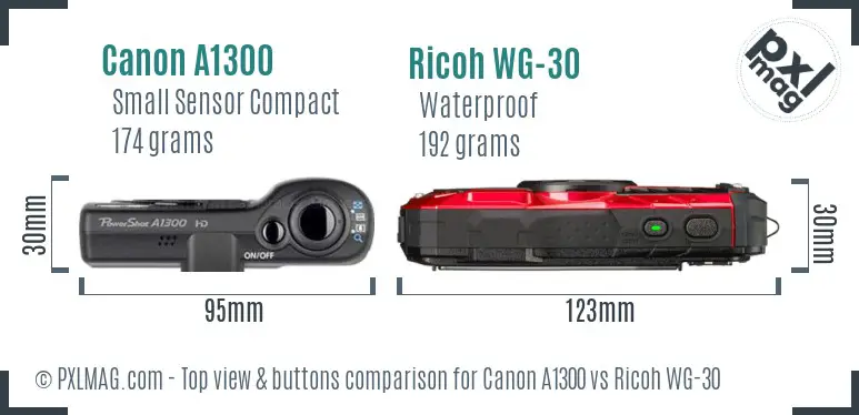 Canon A1300 vs Ricoh WG-30 top view buttons comparison