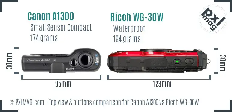 Canon A1300 vs Ricoh WG-30W top view buttons comparison