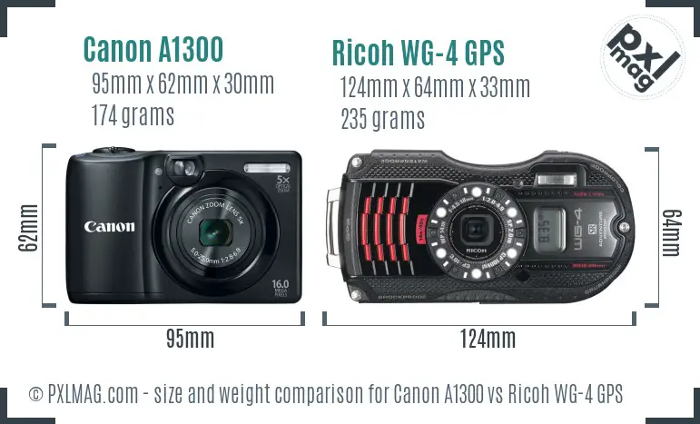 Canon A1300 vs Ricoh WG-4 GPS size comparison