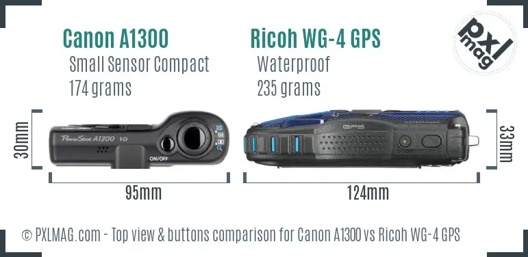 Canon A1300 vs Ricoh WG-4 GPS top view buttons comparison