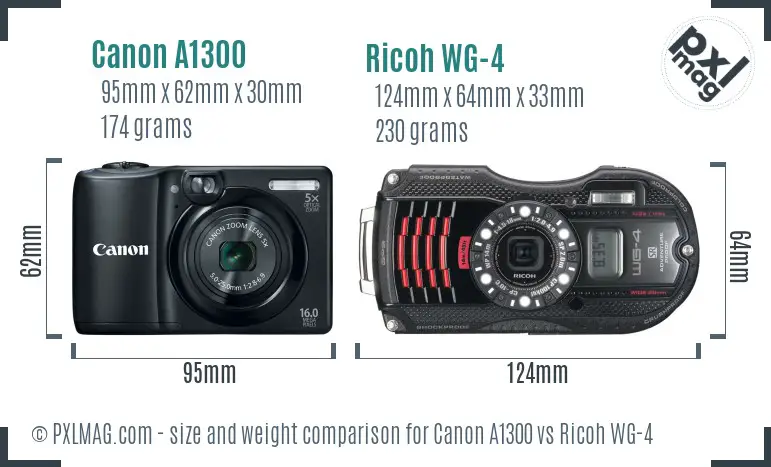 Canon A1300 vs Ricoh WG-4 size comparison