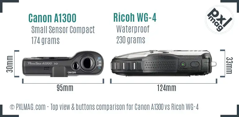 Canon A1300 vs Ricoh WG-4 top view buttons comparison