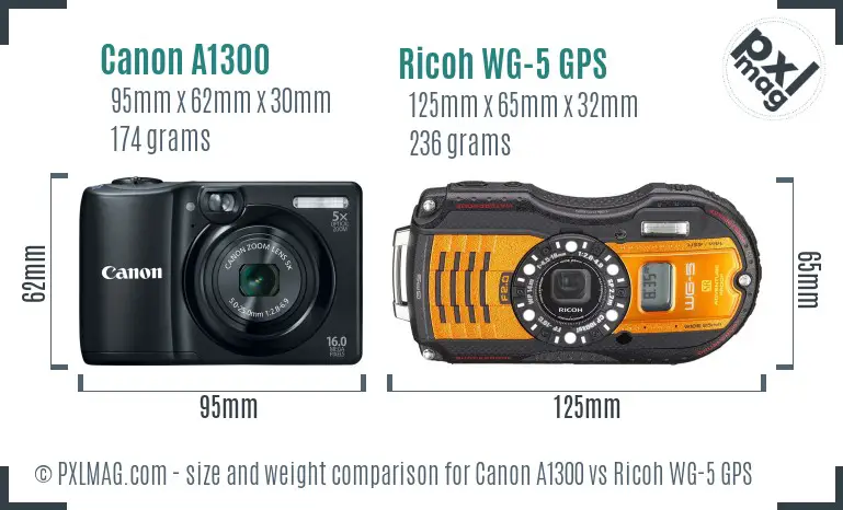 Canon A1300 vs Ricoh WG-5 GPS size comparison