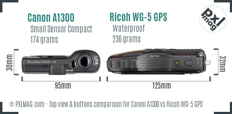 Canon A1300 vs Ricoh WG-5 GPS top view buttons comparison