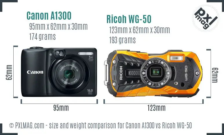 Canon A1300 vs Ricoh WG-50 size comparison