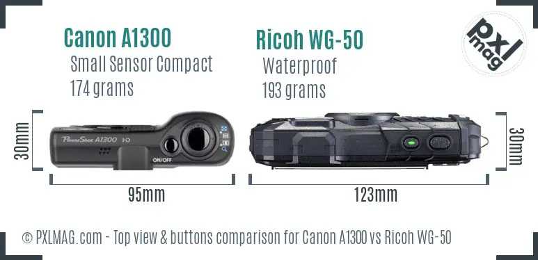 Canon A1300 vs Ricoh WG-50 top view buttons comparison