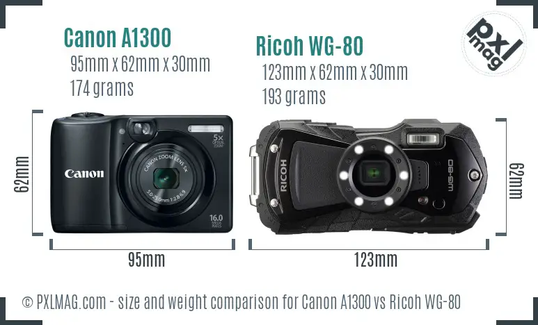 Canon A1300 vs Ricoh WG-80 size comparison