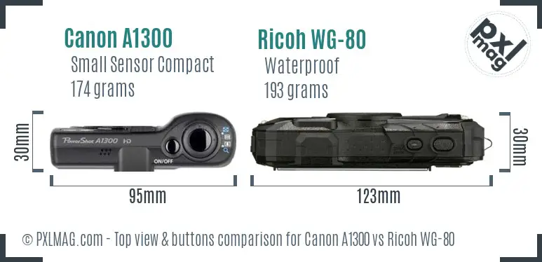 Canon A1300 vs Ricoh WG-80 top view buttons comparison