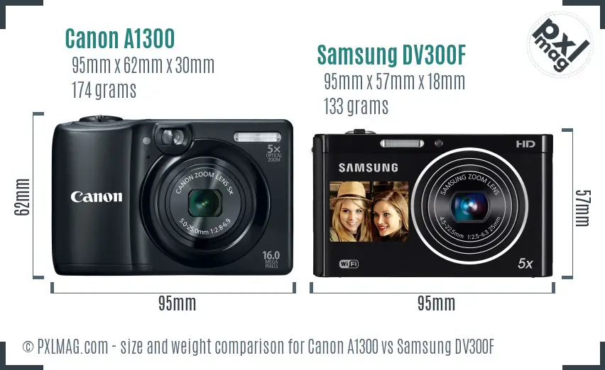 Canon A1300 vs Samsung DV300F size comparison