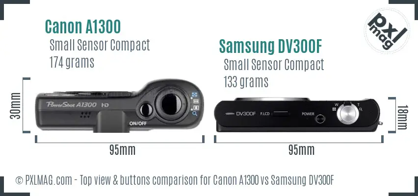Canon A1300 vs Samsung DV300F top view buttons comparison