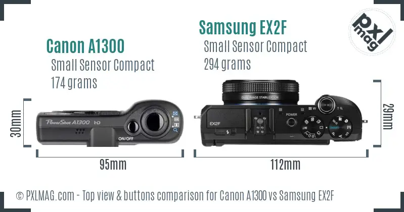 Canon A1300 vs Samsung EX2F top view buttons comparison
