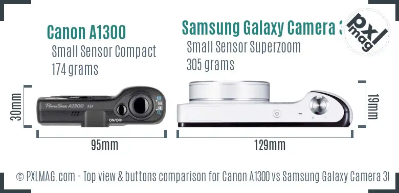 Canon A1300 vs Samsung Galaxy Camera 3G top view buttons comparison