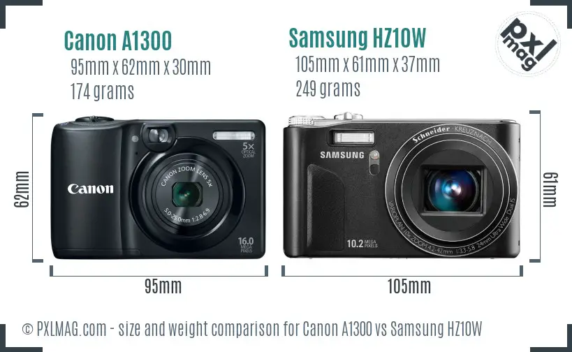 Canon A1300 vs Samsung HZ10W size comparison