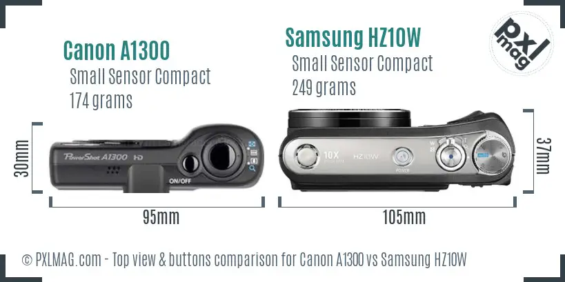 Canon A1300 vs Samsung HZ10W top view buttons comparison