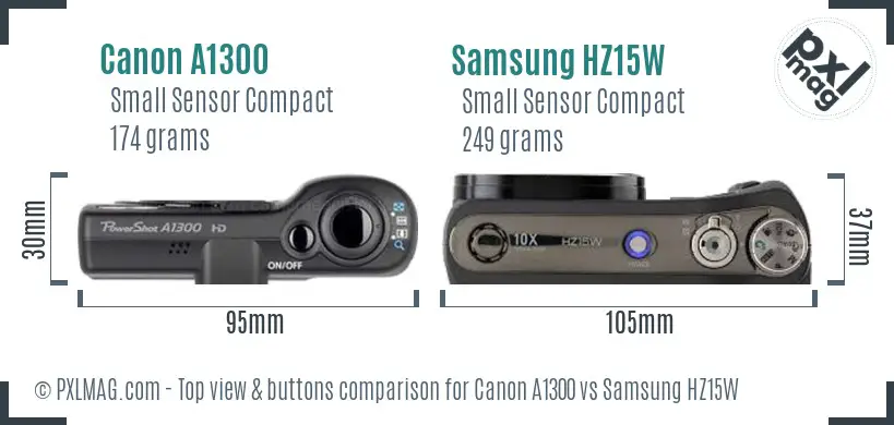 Canon A1300 vs Samsung HZ15W top view buttons comparison