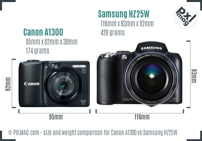 Canon A1300 vs Samsung HZ25W size comparison Canon A1300 vs Samsung HZ25W size comparison