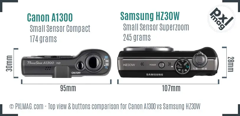 Canon A1300 vs Samsung HZ30W top view buttons comparison