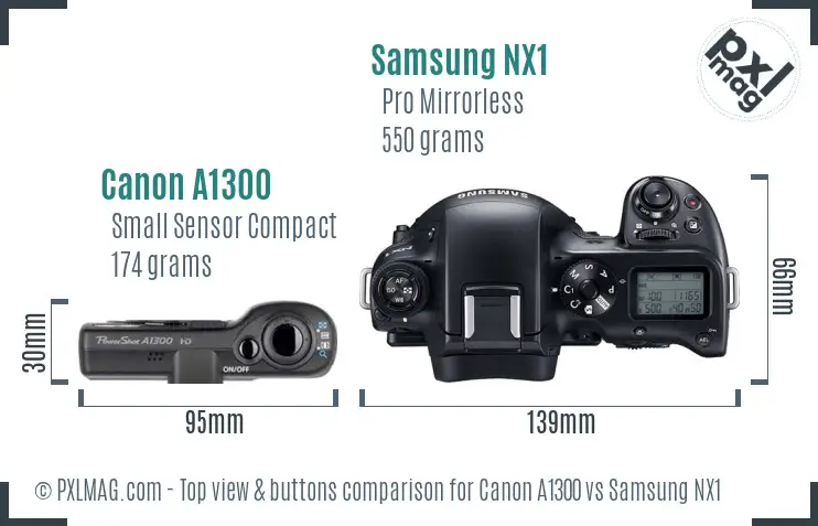 Canon A1300 vs Samsung NX1 top view buttons comparison