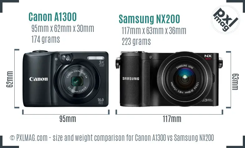 Canon A1300 vs Samsung NX200 size comparison