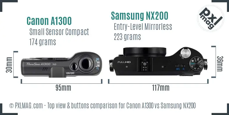 Canon A1300 vs Samsung NX200 top view buttons comparison