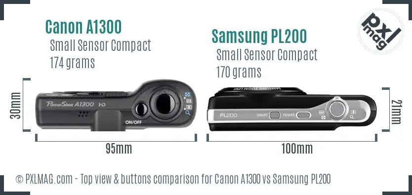 Canon A1300 vs Samsung PL200 top view buttons comparison Canon A1300 vs Samsung PL200 top view buttons comparison