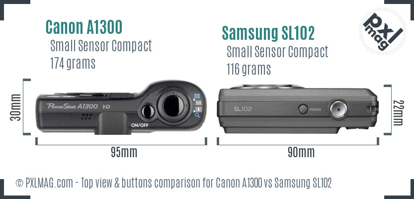 Canon A1300 vs Samsung SL102 top view buttons comparison