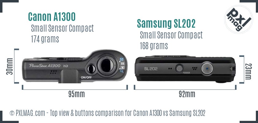 Canon A1300 vs Samsung SL202 top view buttons comparison