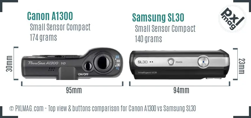 Canon A1300 vs Samsung SL30 top view buttons comparison