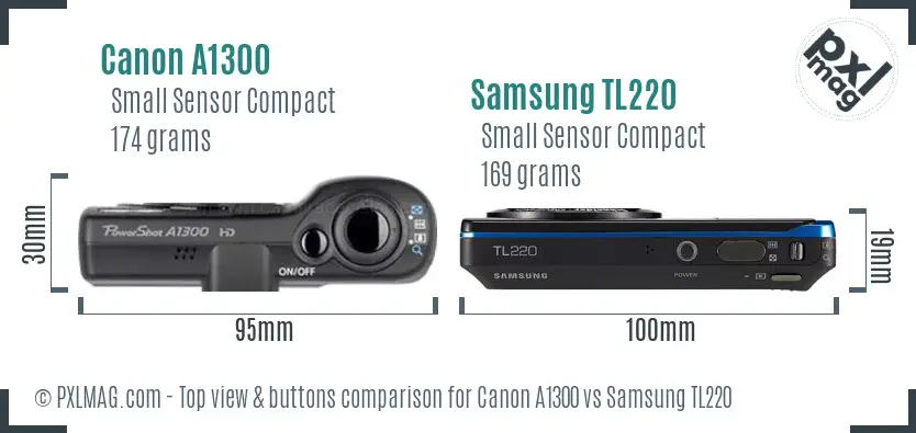 Canon A1300 vs Samsung TL220 top view buttons comparison Canon A1300 vs Samsung TL220 top view buttons comparison