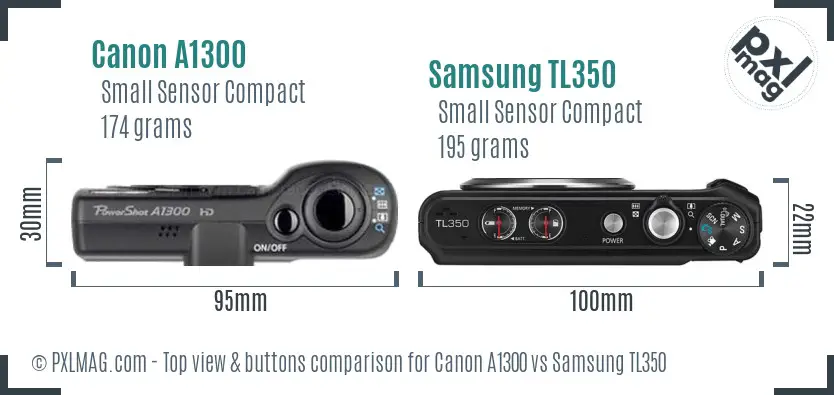 Canon A1300 vs Samsung TL350 top view buttons comparison