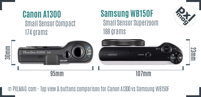 Canon A1300 vs Samsung WB150F top view buttons comparison