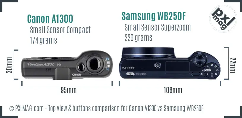 Canon A1300 vs Samsung WB250F top view buttons comparison
