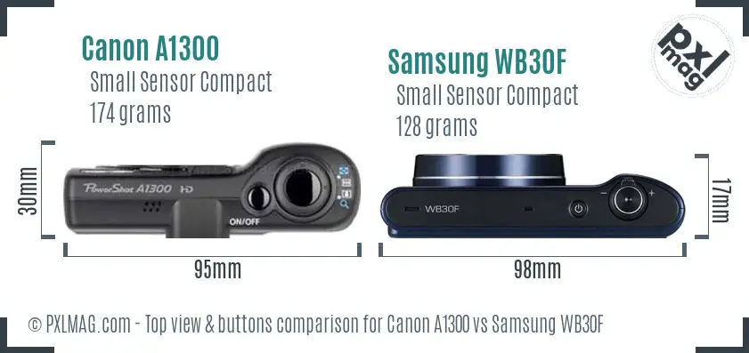 Canon A1300 vs Samsung WB30F top view buttons comparison Canon A1300 vs Samsung WB30F top view buttons comparison