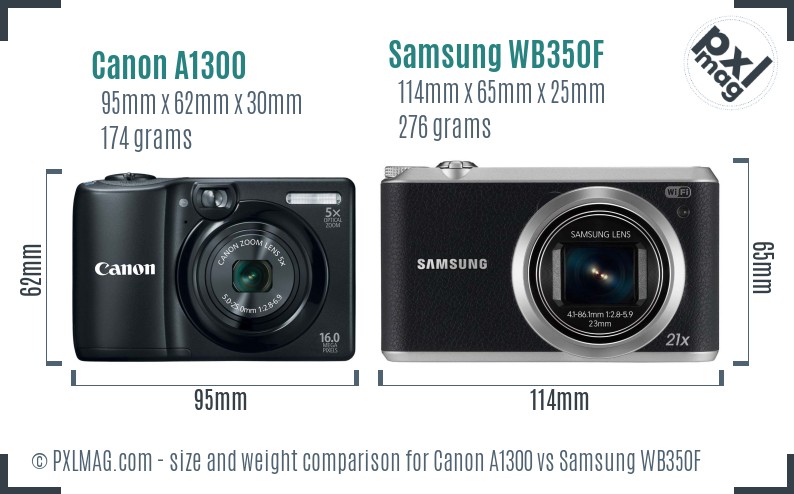 Canon A1300 vs Samsung WB350F size comparison
