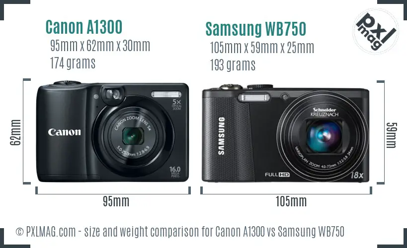 Canon A1300 vs Samsung WB750 size comparison Canon A1300 vs Samsung WB750 size comparison