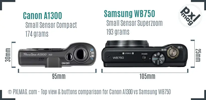 Canon A1300 vs Samsung WB750 top view buttons comparison Canon A1300 vs Samsung WB750 top view buttons comparison