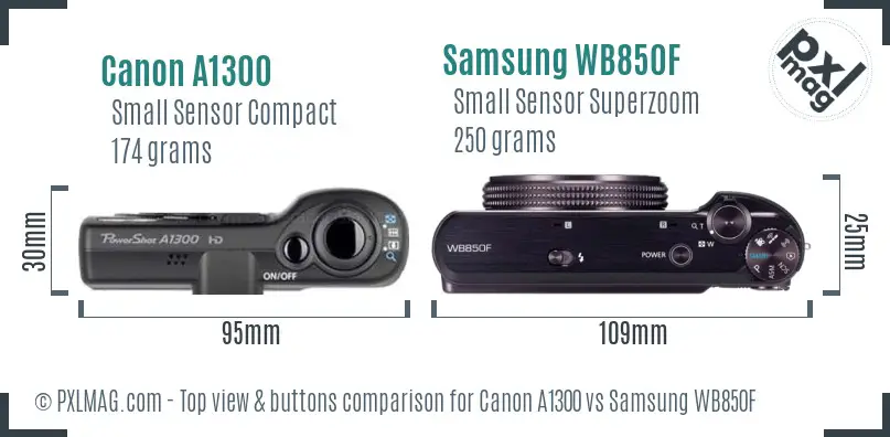Canon A1300 vs Samsung WB850F top view buttons comparison Canon A1300 vs Samsung WB850F top view buttons comparison
