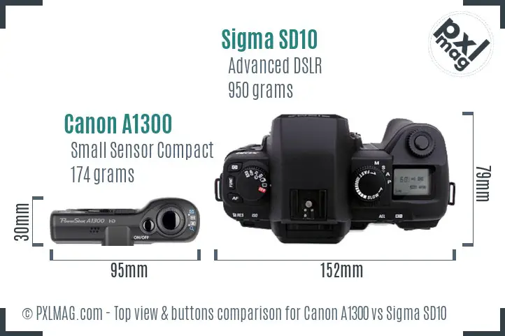 Canon A1300 vs Sigma SD10 top view buttons comparison