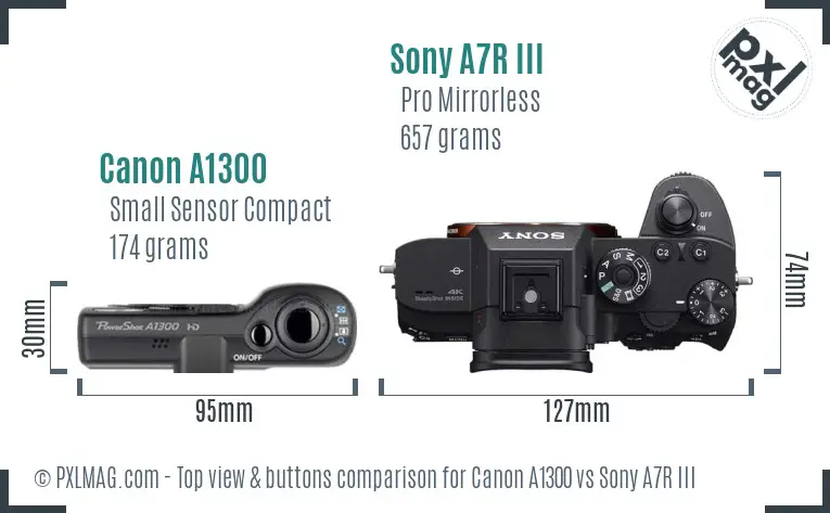 Canon A1300 vs Sony A7R III top view buttons comparison