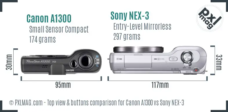Canon A1300 vs Sony NEX-3 top view buttons comparison