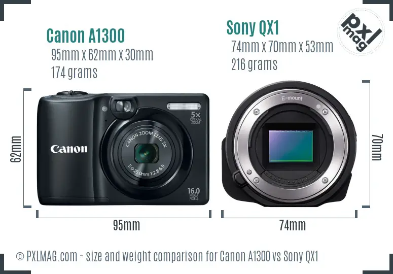 Canon A1300 vs Sony QX1 size comparison
